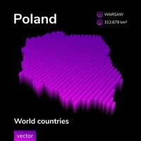Mapa 3D da Polônia. mapa vetorial listrado isométrico digital neon estilizado nas cores violeta e rosa no fundo preto vetor