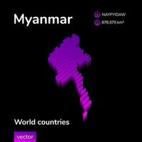 Mapa 3D de Mianmar. mapa de vetor listrado digital isométrico simples estilizado de néon está em cores violetas em fundo preto