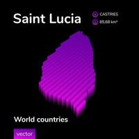 Mapa 3D de Santa Lúcia. mapa de vetores listrados digitais isométricos simples de néon estilizado está em cores violetas em fundo preto. bandeira educacional