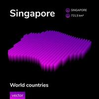 Mapa 3D de Singapura. mapa de vetores listrados digitais isométricos simples de néon estilizado está em cores violetas em fundo preto. bandeira educacional