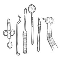 definido para inspeção odontológica em um estilo de desenho de mão doodle. ferramentas de aço inoxidável profissionais para higiene bucal. vetor