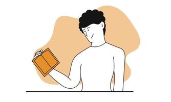 homem lendo livro ilustração do conceito de vetor. caráter educacional e estudo do aluno. conhecimento com literatura e aprendizado de hobby masculino. informação inteligente e literária educacional. cara adulto inteligente vetor