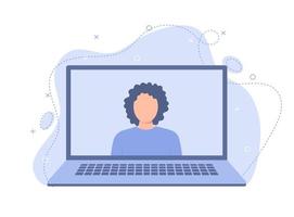 uma mulher gerencia um negócio online, realiza reuniões e se comunica com a equipe usando um laptop vetor