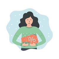 maquete de voucher de férias com uma garota segurando um cartão de desconto. ilustração para loja online, aplicativo, impressão ou publicidade vetor