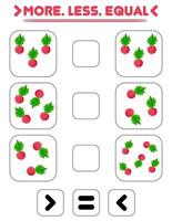 comparar o número de rabanetes. escreva o sinal mais, menos, igual. ensinando crianças. educação para jardim de infância vetor