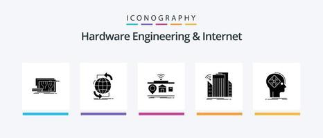 engenharia de hardware e pacote de ícones do glifo 5 da Internet, incluindo sensor. edifícios. rede. coisas. Internet. design de ícones criativos vetor