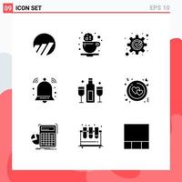 pacote de interface do usuário de 9 glifos sólidos básicos de notificação de desenvolvimento de sinal alcoólico alertar elementos de design de vetores editáveis