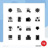pacote de interface do usuário de 16 glifos sólidos básicos de código-fonte de produção de engrenagem de ampliação html elementos de design de vetores editáveis