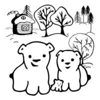 contorno do cartão de inverno da família urso polar. árvores, casa de aldeia e flocos de neve. ilustração vetorial. vetor