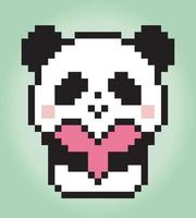 Panda de pixels de 8 bits segurando o amor. animais para recursos de jogos e padrões de ponto cruz em ilustrações vetoriais. vetor