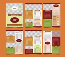 modelo de vetor de design de brochura de menu de comida em tamanho a4. Menu de restaurante de 6 páginas.