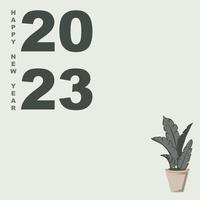 modelo de cartaz minimalista feliz ano novo 2023 com elemento de natureza de planta de casa vetor
