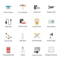 conjunto de ícones planos de fotografia e climatografia vetor