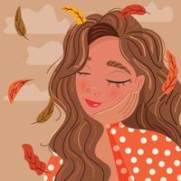 linda menina morena apoiando-se na mão com os olhos fechados, sonhando acordada, com folhas de outono caindo e nuvens. ilustração colorida. vetor.