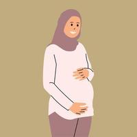 mulher grávida hijab segurando ilustração de barriga vetor