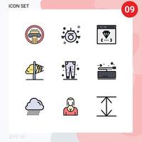 pacote de cores planas de linha preenchida com 9 símbolos universais de ideias de insight, criatividade em viagens, desenvolvimento de elementos de design de vetores editáveis