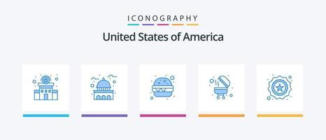 Pacote de ícones EUA azul 5, incluindo distintivo. americano. branco. grade. churrasco. design de ícones criativos vetor