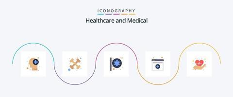 pacote de ícones médicos planos 5, incluindo . coração. placa hospitalar. Cuidado. conectados vetor