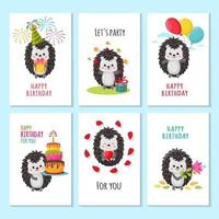 conjunto vetorial de cartões feliz aniversário com ouriço bonito dos desenhos animados vetor