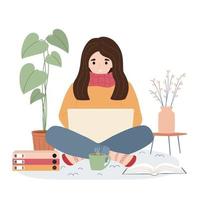 garota vestindo roupas quentes de inverno trabalhando no laptop em casa. temperatura fria no apartamento. economia de recursos energéticos. ilustração vetorial. vetor