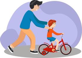 pai ensina filha a andar de bicicleta. garoto aprende a andar de bicicleta. conceito de parentalidade. pai ajuda sua filha aprendendo a andar de bicicleta no campo juntos. ilustração vetorial de estoque, eps 10. vetor