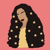 menina de pele negra com flores no cabelo. ilustração de primavera em estilo moderno da moda. mulher abstrata clipart. ilustração vetorial mínima. eps 10 vetor