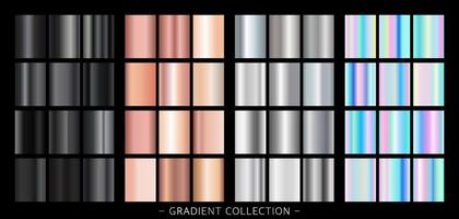 coleção ouro rosa, gradiente de prata, gradiente preto e combinações modernas de gradiente de folha de cores e tons. paleta de cores gradiente na forma de quadrados. vetor. vetor