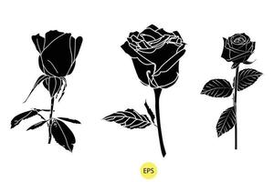 conjunto de silhuetas de rosas decorativas pretas, silhuetas pretas vetoriais de flores isoladas em um fundo branco vetor