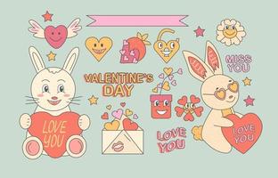 adesivos de corações adoráveis. Dia dos Namorados. personagem de coração de coelho feliz funky no estilo de desenho animado retrô da moda dos anos 60 e 70. vetor