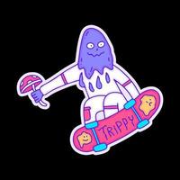 personagem de monstro de geleia segurando cogumelo e estilo livre com skate, ilustração para camiseta, adesivo ou mercadoria de vestuário. com estilo doodle, retrô e desenho animado. vetor