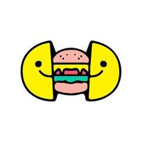 duas metades do rosto sorridente com cheeseburger dentro. ilustração para roupas de rua, camisetas, pôsteres, logotipos, adesivos ou mercadorias de vestuário. estilo retrô e pop art. vetor