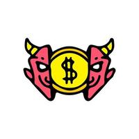 cabeça de diabo vermelho com moeda de dólar dentro. ilustração para roupas de rua, camisetas, pôsteres, logotipos, adesivos ou mercadorias de vestuário. estilo retrô e pop art. vetor