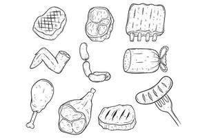 conjunto de mão desenhando carne ou churrasco em fundo branco vetor