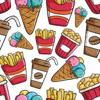 padrão sem costura de junk food com estilo de desenho de mão colorida em fundo branco vetor