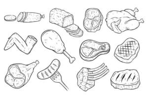 conjunto de mão desenhando carne ou churrasco em fundo branco vetor