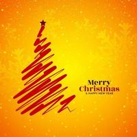 cartão amarelo do festival de feliz natal com design de árvore de natal vermelha vetor