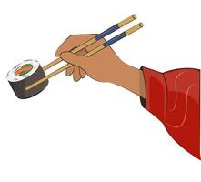 cozinha japonesa, mão com pauzinhos, comida asiática. para menus e cartazes de restaurantes. sites de entrega vector ilustração plana isolada no fundo branco. conjunto de molho de soja onigiri de rolos de sushi. estoque