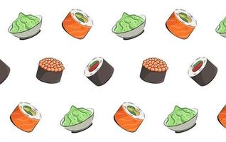 cozinha japonesa, comida. ilustração plana de padrão vetorial isolada no fundo branco. rolos de sushi molho de soja onigiri definir padrão perfeito. imagem de estoque. para menus e cartazes de restaurantes. Entrega vetor