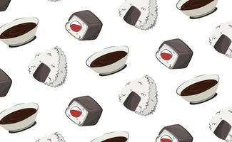 cozinha japonesa, comida. ilustração plana de padrão vetorial isolada no fundo branco. rolos de sushi molho de soja onigiri definir padrão perfeito. imagem de estoque. para menus e cartazes de restaurantes. Entrega vetor