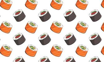 cozinha japonesa, comida. ilustração plana de padrão vetorial isolada no fundo branco. rolos de sushi molho de soja onigiri definir padrão perfeito. imagem de estoque. para menus e cartazes de restaurantes. Entrega vetor