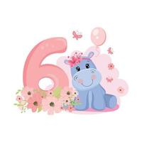 bebê fofo hipopótamo. convite de aniversario. seis anos, 6 meses. feliz Aniversário. vetor