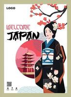 marco do japão com pagodes, sakura e mulheres em vestido de quimono vetor