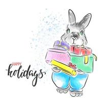 coelhinho aquarela com presentes, boas festas, citação manuscrita, cartão postal vetor