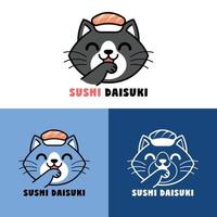 gato bonito com um sushi na cabeça conjunto de logotipo dos desenhos animados vetor