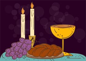 Ilustração de Velas Shabat, Kiddush Cup e Challah vetor