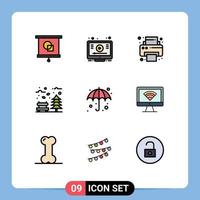 pacote de ícones de vetores de estoque de 9 sinais e símbolos de linha para guarda-chuva, árvore de escritório, folhas, elementos de design de vetores editáveis