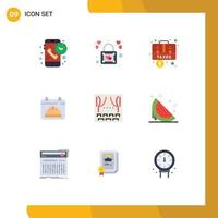 Pacote de cores planas de 9 interfaces de usuário de sinais e símbolos modernos de data, chapéu, cadeado, calendário, maleta, elementos de design vetorial editáveis vetor