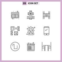 pacote de 9 sinais e símbolos de contornos modernos para mídia impressa na web, como custos de página criativa, design de desenvolvimento, elementos de design de vetores editáveis