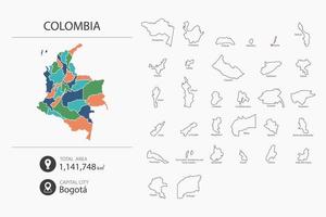 mapa da colômbia com mapa detalhado do país. elementos do mapa das cidades, áreas totais e capital. vetor