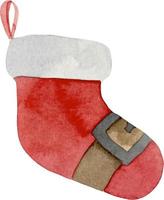 meias tradicionais de Papai Noel em aquarela. guarnição de pele e meias clássicas de cor vermelha e branca. vetor